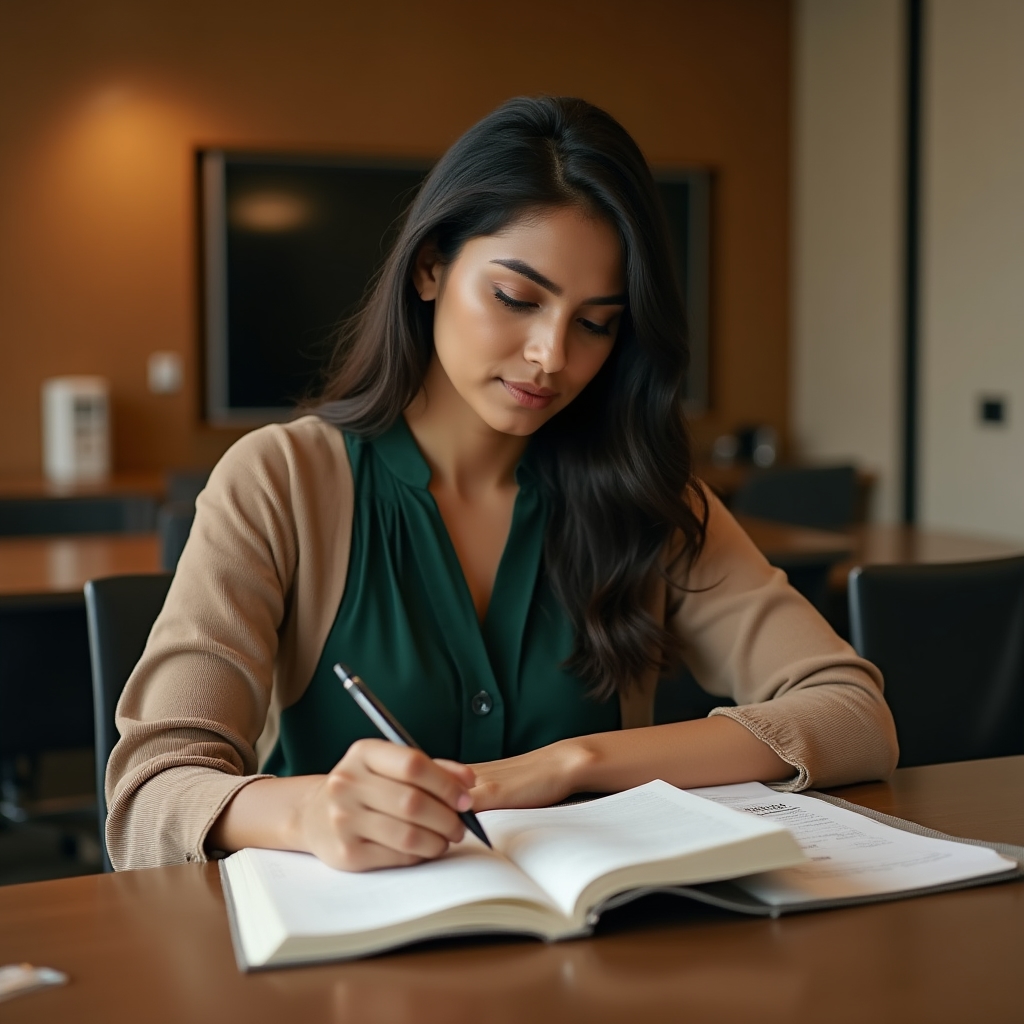 Person reflecting on financial habits at a modern desk