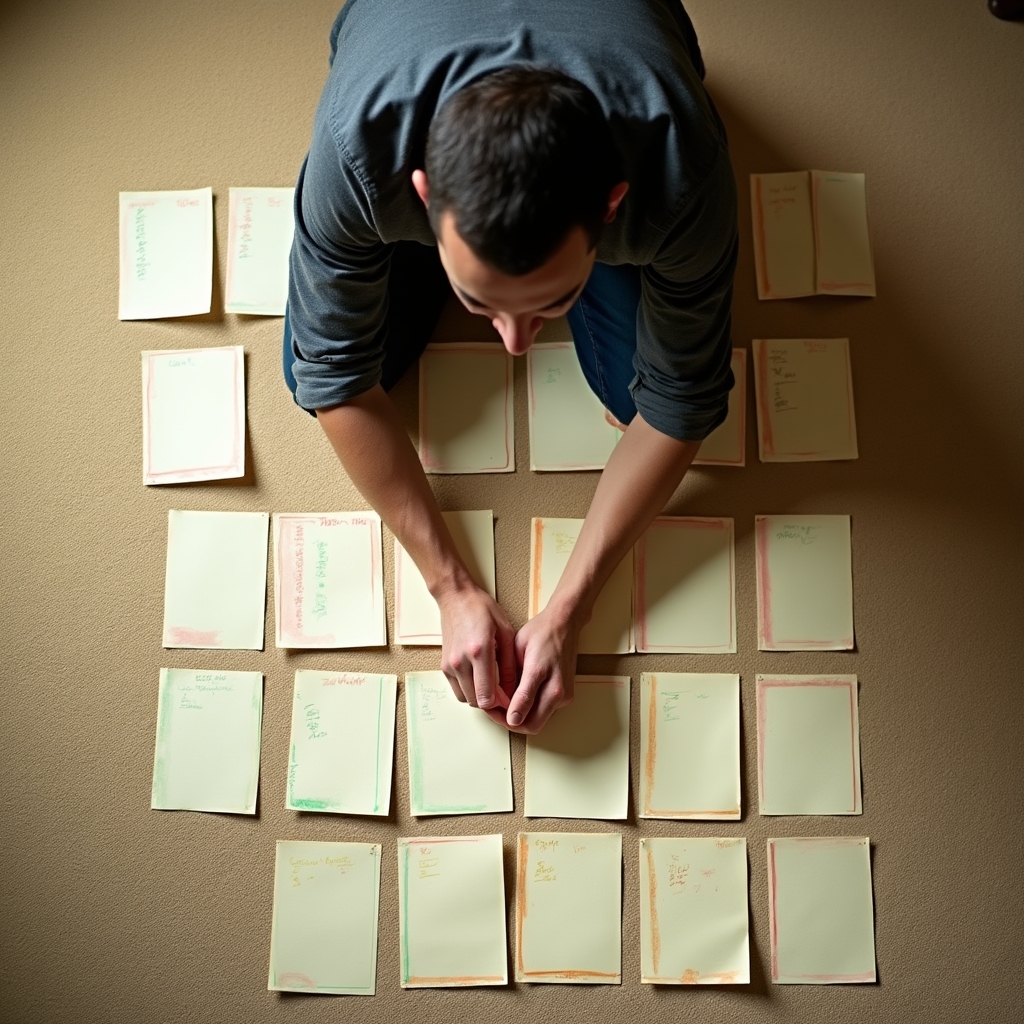 Overhead view of a person surrounded by notes and concept maps about behavioral change