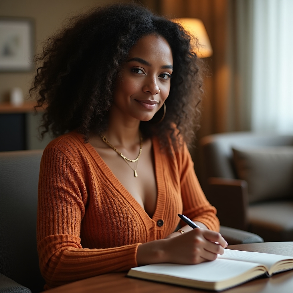 Young woman journaling at a quiet workspace, reflecting on personal habits